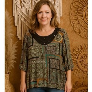 Dress Barn Women Top 1X Multi Mosaic Crochet Detail Boho Core Lightweight Tunic